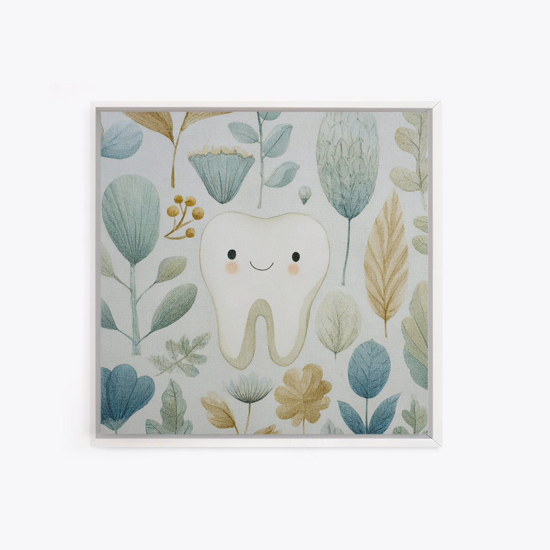 Playful Tooth Shaped Character Framed Canvas Print, Dental Office Art, Dental Wall Art, Office Decor, Abstract Art, Calm, DOA-1x1-6
