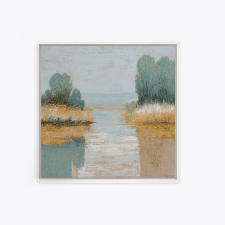 Sunlit Lake with Calming Reflections Framed Canvas Print, Dental Office Art, Dental Gift, Office Decor, Oil Painting, Calm, DOA-1x1-63
