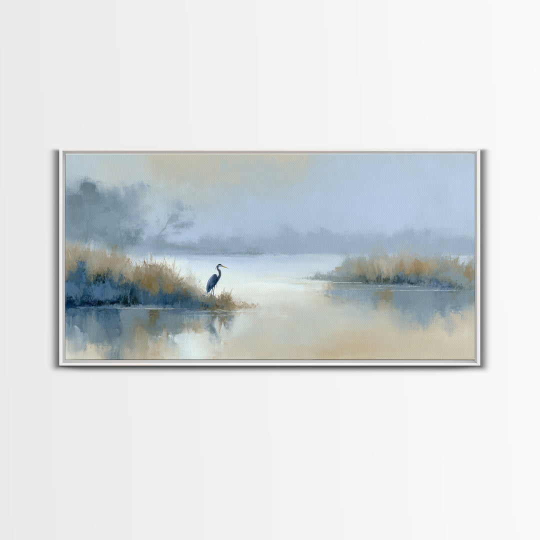 Blue Heron by Calm Marsh Water Framed Canvas Print, Dental Office Art, Tooth Art, Office Decor, Fine Art, Calm, Modern Decor, DOA-2x1-19