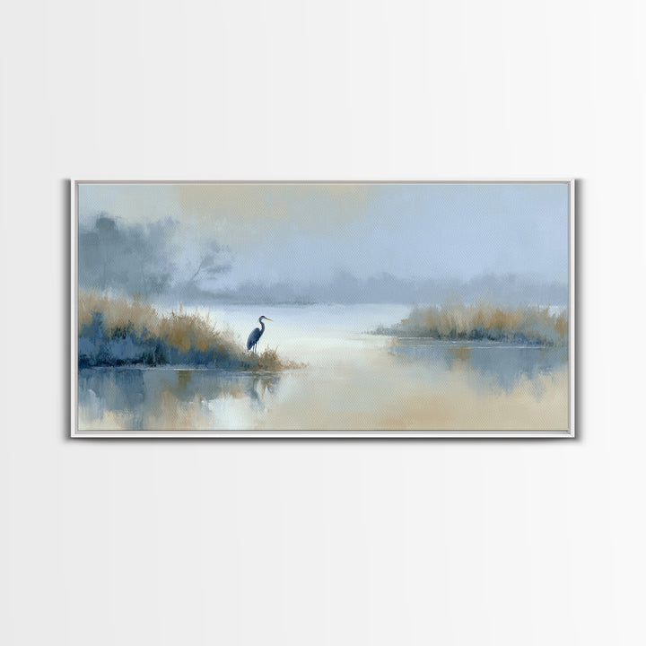 Blue Heron by Calm Marsh Water Framed Canvas Print, Dental Office Art, Tooth Art, Office Decor, Fine Art, Calm, Modern Decor, DOA-2x1-19