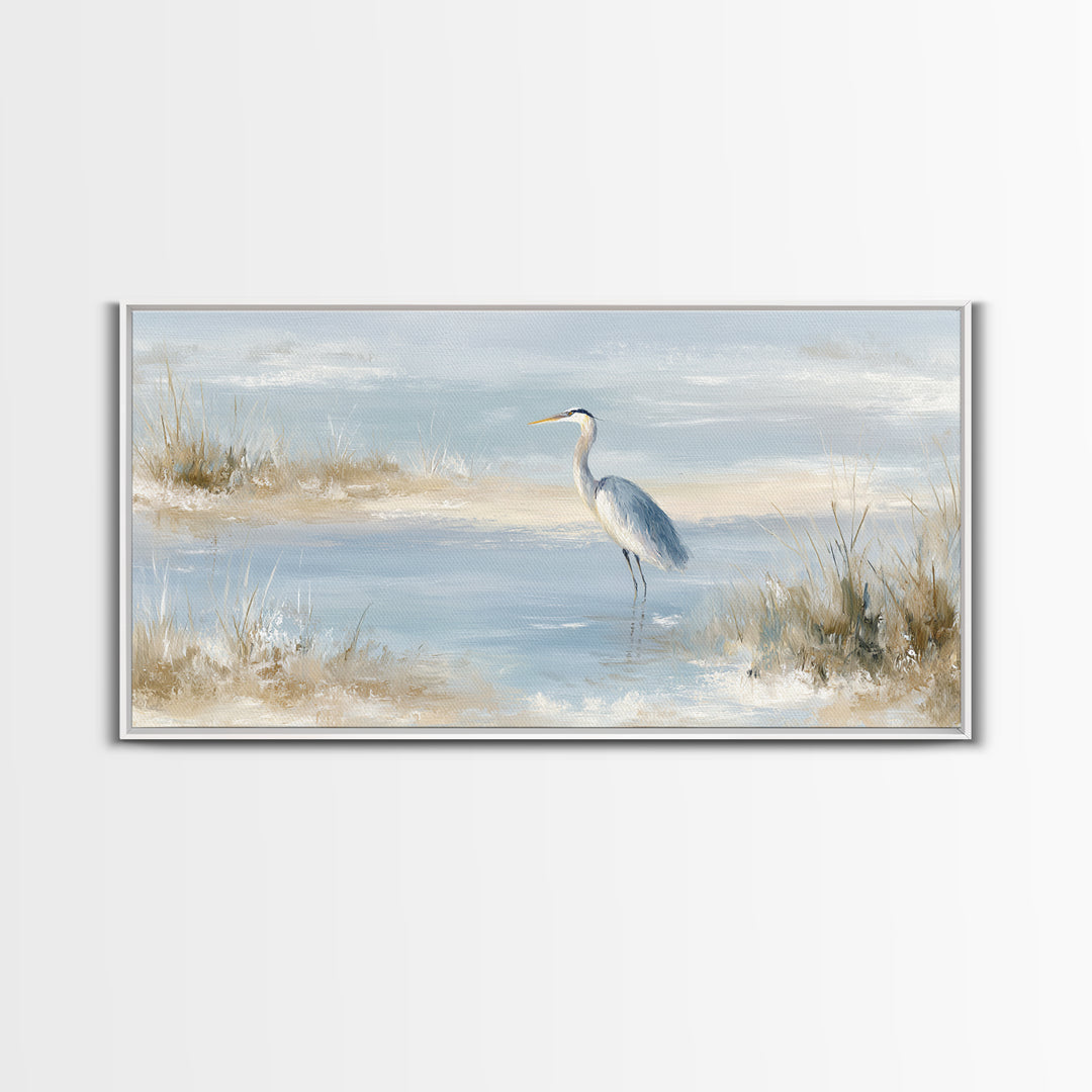 Blue Heron by Calm Marsh Water Framed Canvas Print, Dental Office Art, Contemporary Art, Office Decor, Fine Art, Calm, DOA-2x1-43