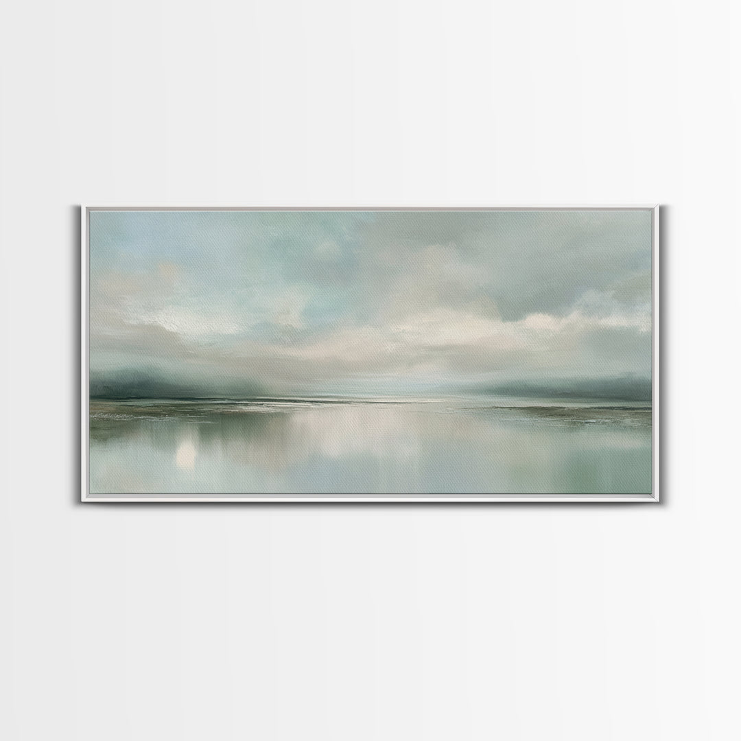 Sunlit Lake with Calming Reflections Framed Canvas Print, Dental Office Art, Boho Decor, Office Decor, Oil Painting, Calm, DOA-2x1-83