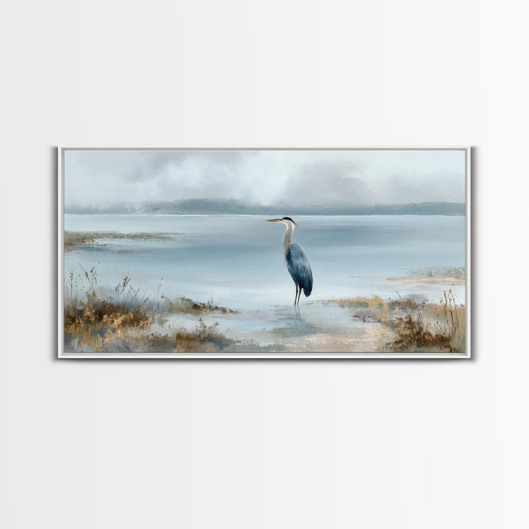 Blue Heron by Calm Marsh Water Framed Canvas Print, Dental Office Art, Contemporary Art, Office Decor, Fine Art, Calm, DOA-2x1-91