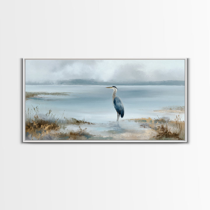 Blue Heron by Calm Marsh Water Framed Canvas Print, Dental Office Art, Contemporary Art, Office Decor, Fine Art, Calm, DOA-2x1-91