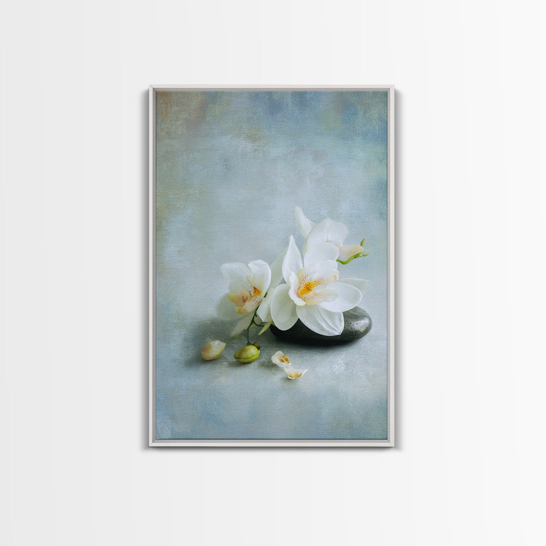 White Orchid on Stone Background Framed Canvas Print, Dental Office Art, Modern Decor, Office Decor, Oil Painting, Calm, DOA-2x3-20