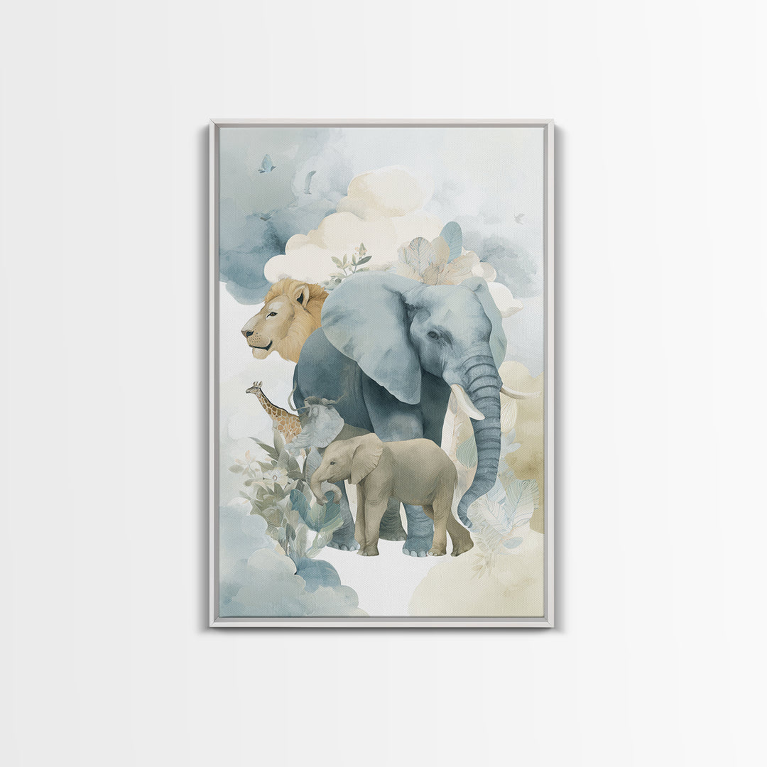 Happy Jungle Animals Framed Canvas Print, Dental Office Art, Textured Painting, Office Decor, Calm, Room Decor Aesthetic, DOA-2x3-94
