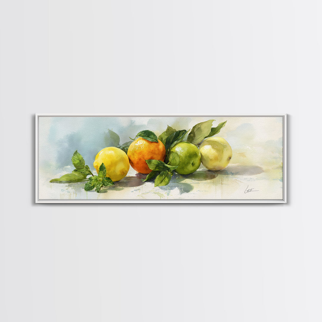 Fresh Citrus and Mint Still Life Framed Canvas Print, Dental Office Art, Room Decor, Office Decor, Oil Painting, Calm, DOA-3x1-47