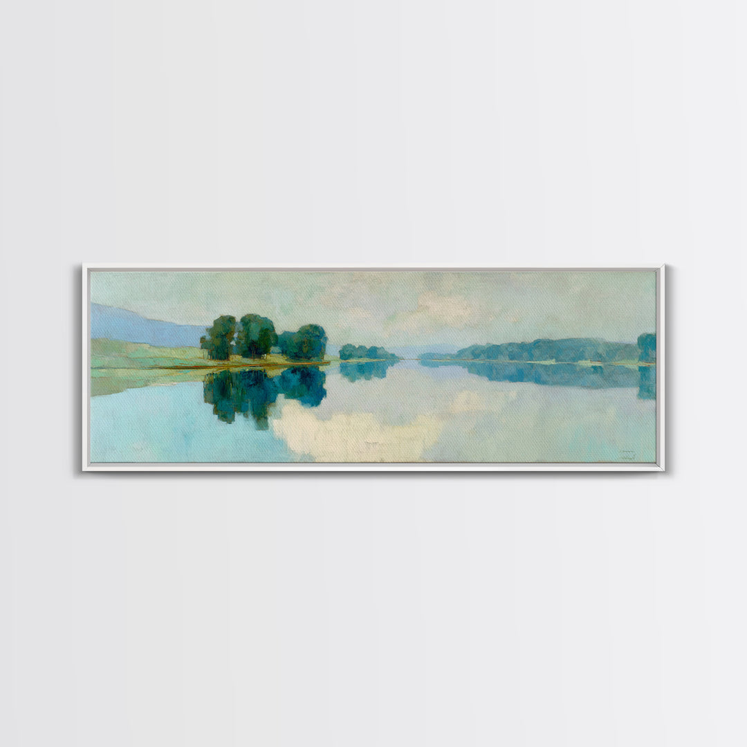 Sunlit Lake with Calming Reflections Framed Canvas Print, Dental Office Art, Boho Decor, Office Decor, Oil Painting, Calm, DOA-3x1-55