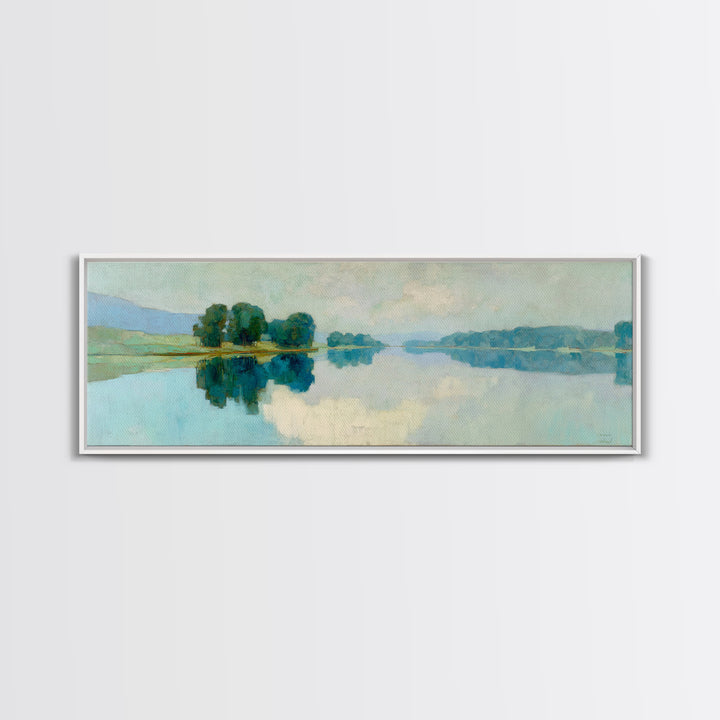 Sunlit Lake with Calming Reflections Framed Canvas Print, Dental Office Art, Boho Decor, Office Decor, Oil Painting, Calm, DOA-3x1-55