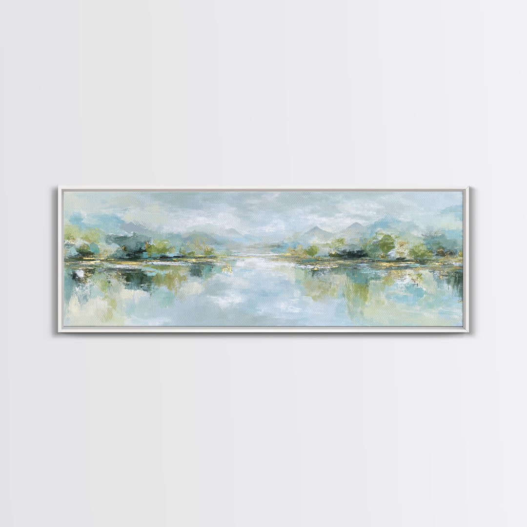 Sunlit Lake with Calming Reflections Framed Canvas Print, Dental Office Art, Dental Gift, Office Decor, Watercolor Art, Calm, DOA-3x1-7