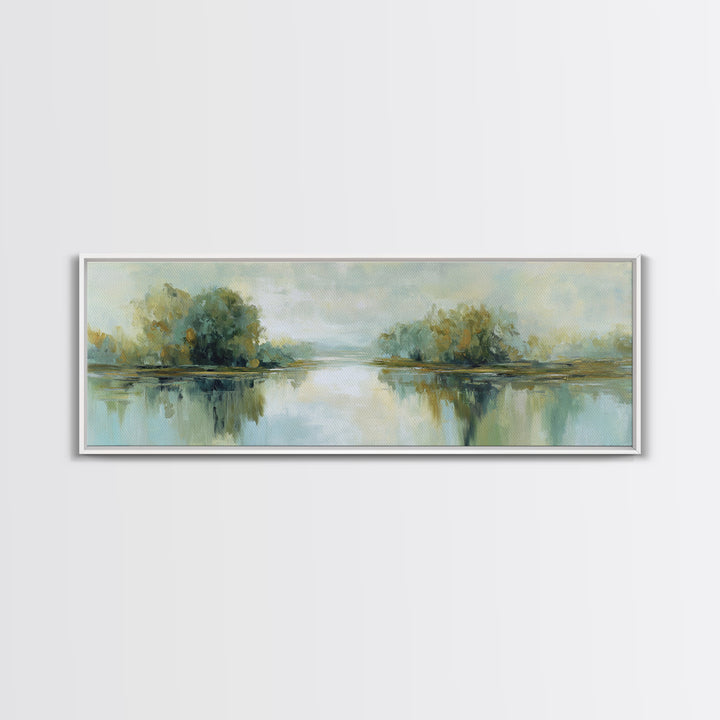 Sunlit Lake with Calming Reflections Framed Canvas Print, Dental Office Art, Printable Wall Art, Office Decor, Fine Art, Calm, DOA-3x1-79