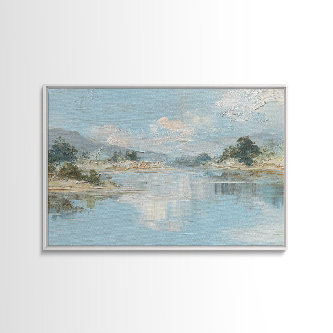 Sunlit Lake with Calming Reflections Framed Canvas Print, Dental Office Art, Wall Art, Office Decor, Watercolor Art, Calm, DOA-3x2-19