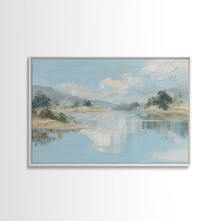 Sunlit Lake with Calming Reflections Framed Canvas Print, Dental Office Art, Wall Art, Office Decor, Watercolor Art, Calm, DOA-3x2-19
