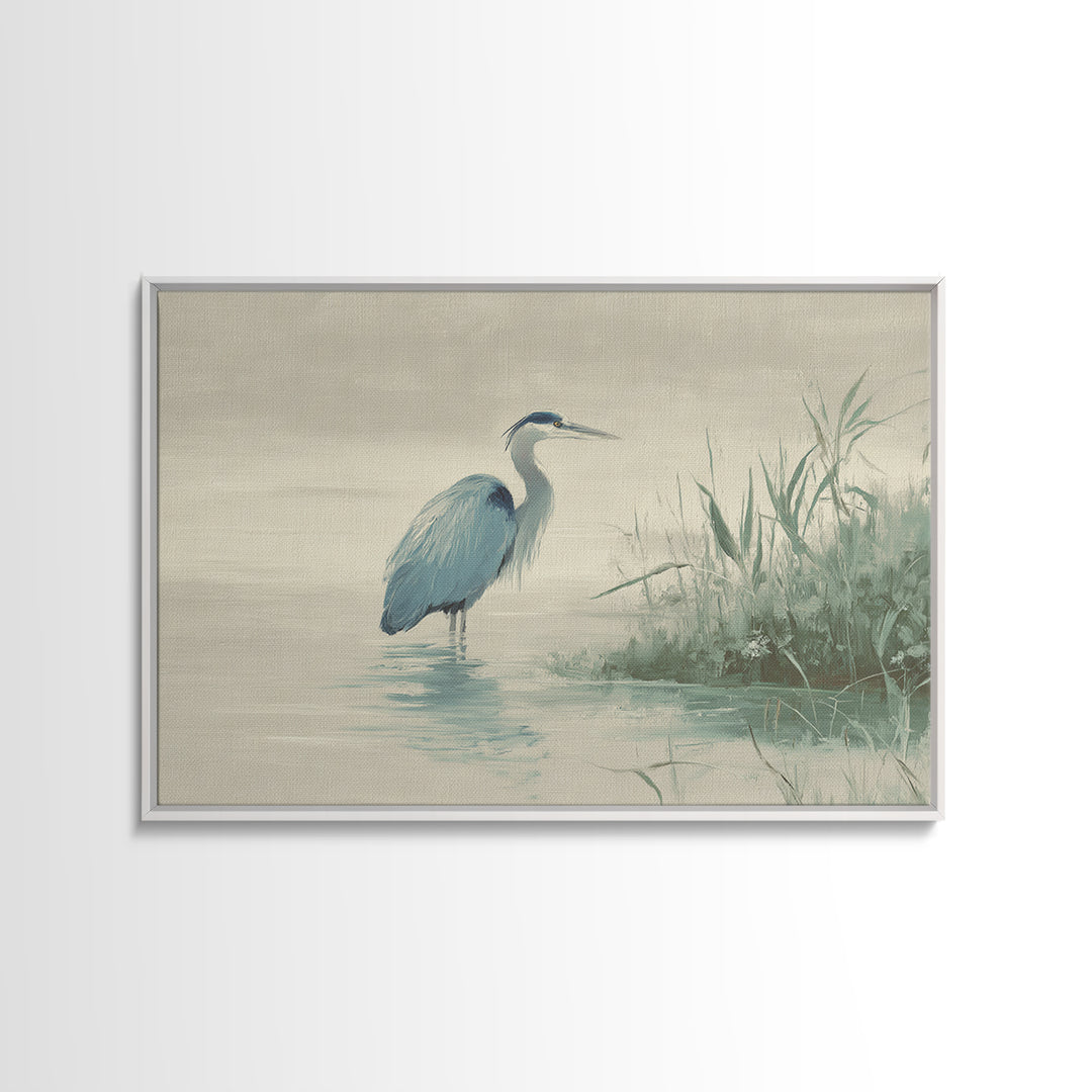 Blue Heron by Calm Marsh Water Framed Canvas Print, Dental Office Art, Textured Painting, Office Decor, Fine Art, Calm, DOA-3x2-27