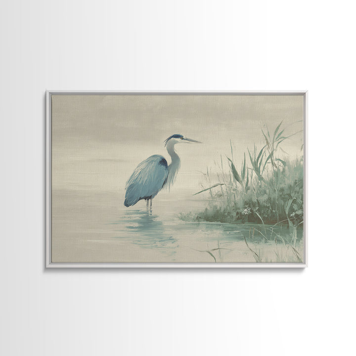 Blue Heron by Calm Marsh Water Framed Canvas Print, Dental Office Art, Textured Painting, Office Decor, Fine Art, Calm, DOA-3x2-27