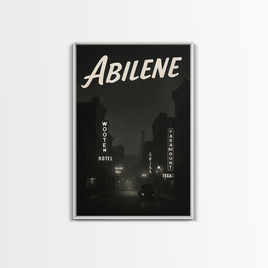 Abilene Texas Travel Poster, Canvas Print, Night Street Poster Art, Abilene Wall Art, City Art Print, Mid Century Wall Art, City Poster