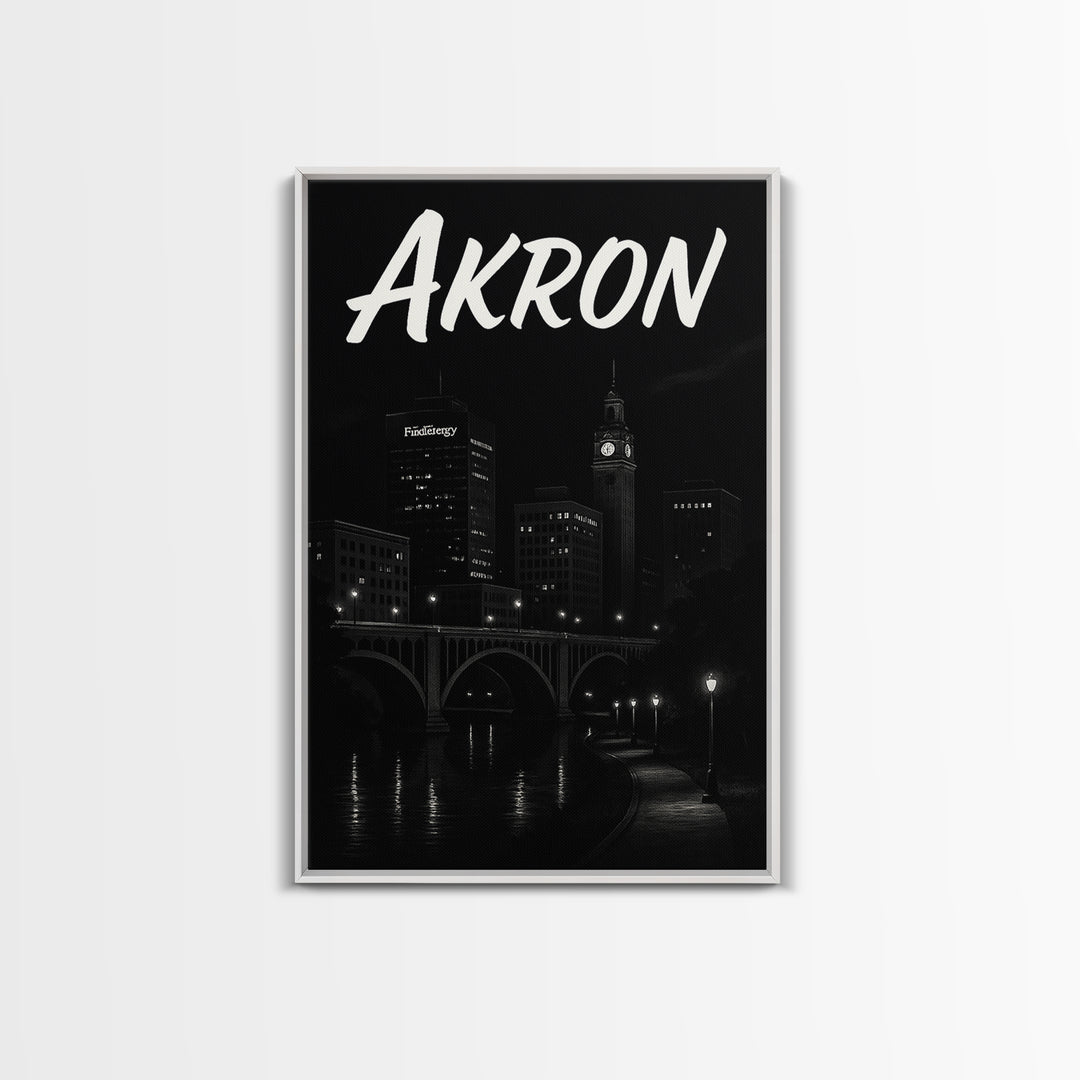Akron Travel Poster, Canvas Print, Dark Moody City Wall Art, Akron Poster Print, Vintage City Art, City Illustration, Retro Travel Print