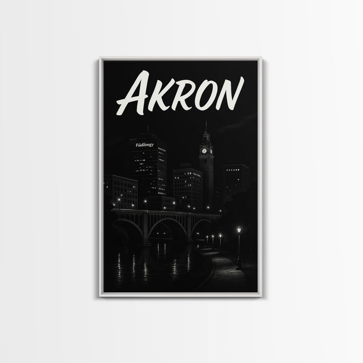 Akron Travel Poster, Canvas Print, Dark Moody City Wall Art, Akron Poster Print, Vintage City Art, City Illustration, Retro Travel Print