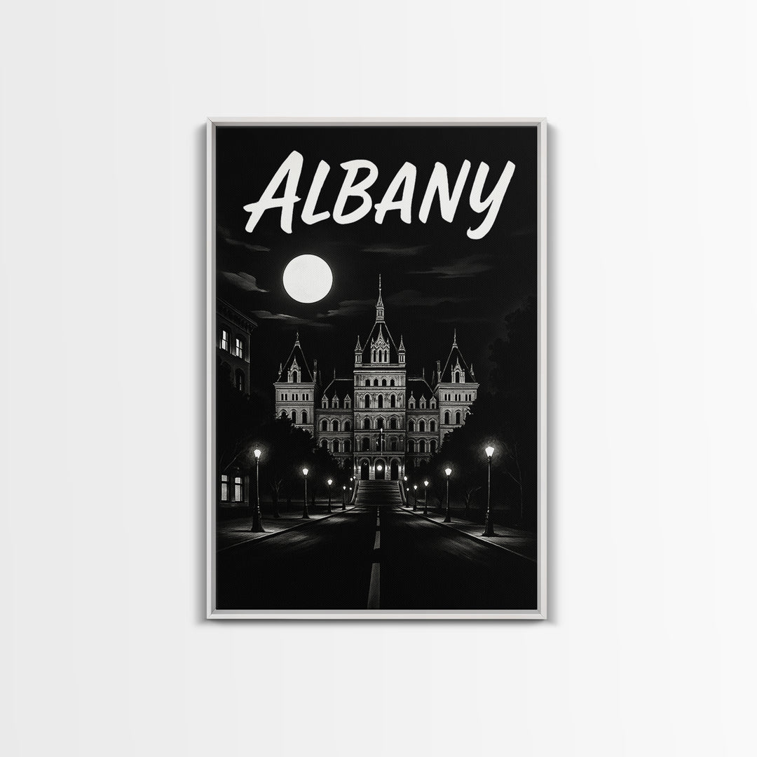 Albany Travel Poster, Framed Canvas Print, Dark Moody City Wall Art, Albany Poster Print, City Art Print, City Travel Prints, Home Decor