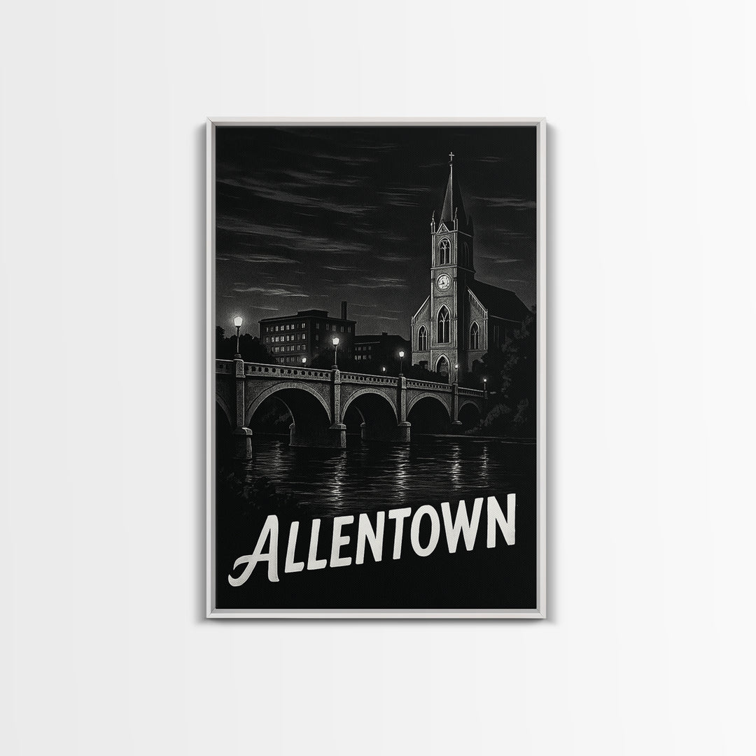 Allentown Travel Poster, Framed Canvas Print, Vintage Noir Poster Art, Allentown City Art, Travel Wall Art, Living Room Wall Art