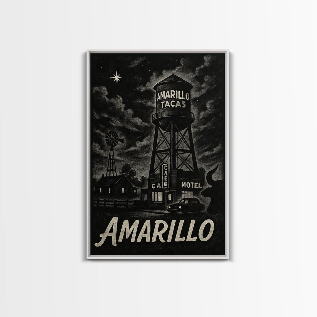 Amarillo Travel Poster, Framed Canvas Print, Vintage Noir Poster Art, Amarillo Travel Art, Vintage City Poster, Retro Travel Print
