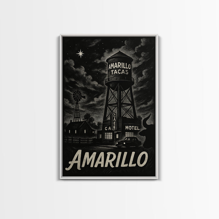 Amarillo Travel Poster, Framed Canvas Print, Vintage Noir Poster Art, Amarillo Travel Art, Vintage City Poster, Retro Travel Print