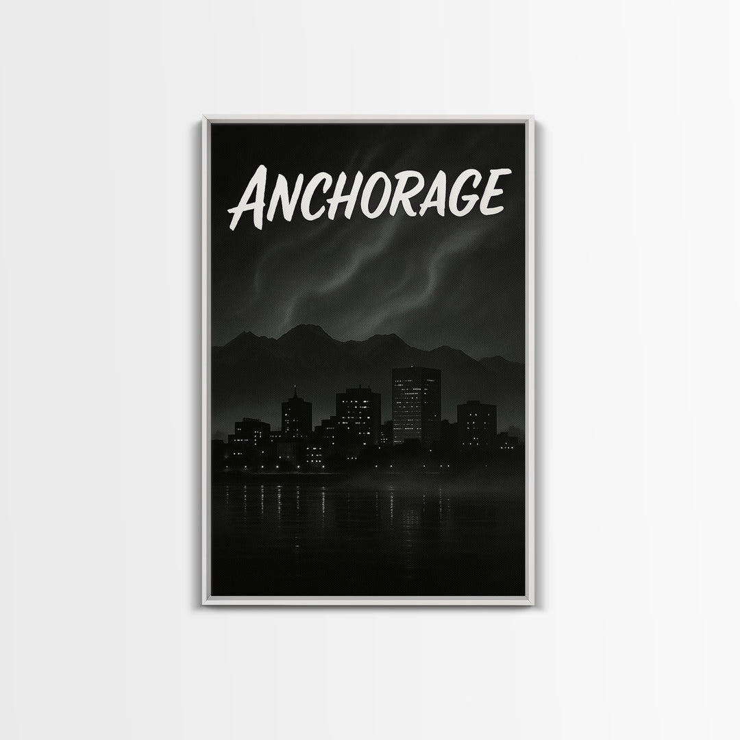 Anchorage Alaska Travel Poster, Canvas Print, Dark Moody City Wall Art, Anchorage Wall Art, Gift For Travelers, Mid Century Wall Art
