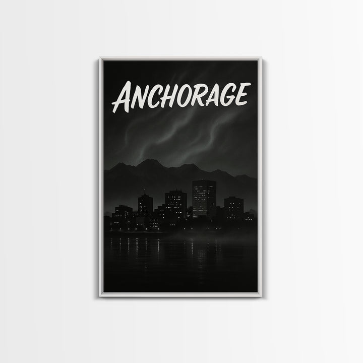 Anchorage Alaska Travel Poster, Canvas Print, Dark Moody City Wall Art, Anchorage Wall Art, Gift For Travelers, Mid Century Wall Art