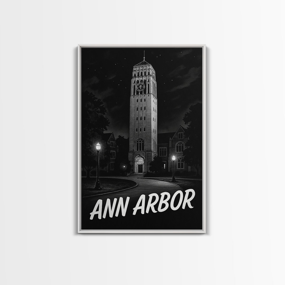 Ann Arbor Travel Poster, Framed Canvas Print, Night Street Poster Art, Ann Arbor Poster Print, Vintage Travel Print, Vintage Travel Art