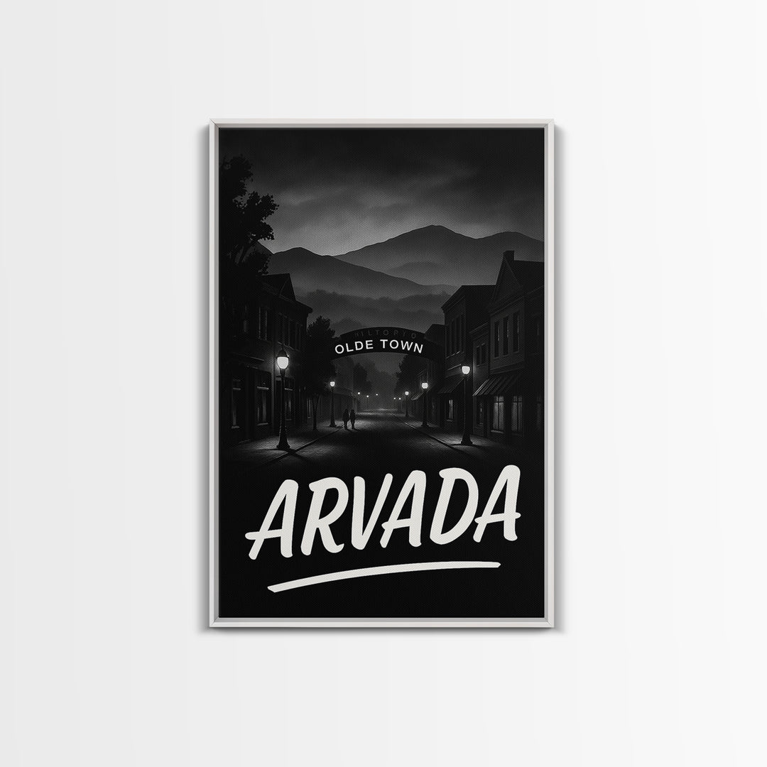 Arvada Travel Poster, Framed Canvas Print, Black And White Travel Art, Arvada Poster Print, City Art Print, Watercolor Downtown Skyline