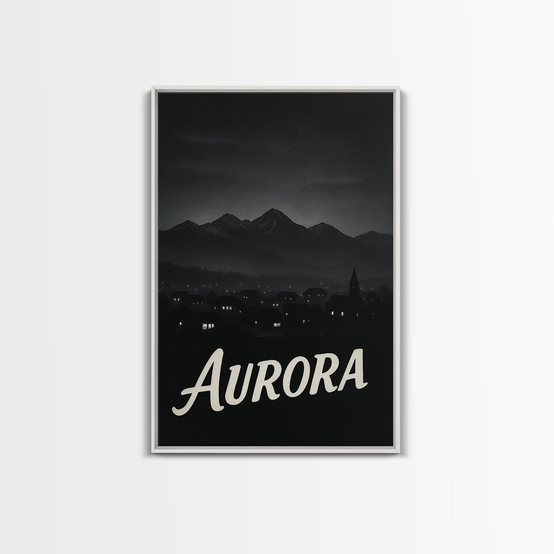 Aurora Travel Poster, Framed Canvas Print, Dark Moody City Wall Art, Aurora Poster Print, Vintage Travel Art, City Art Print, Poster Art