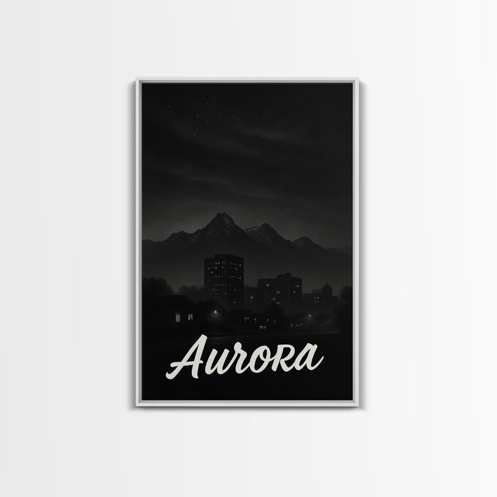 Aurora Travel Poster, Framed Canvas Print, Dark Moody City Wall Art, Aurora Art Print, Travel Wall Art, Vintage City Poster, Travel Gift
