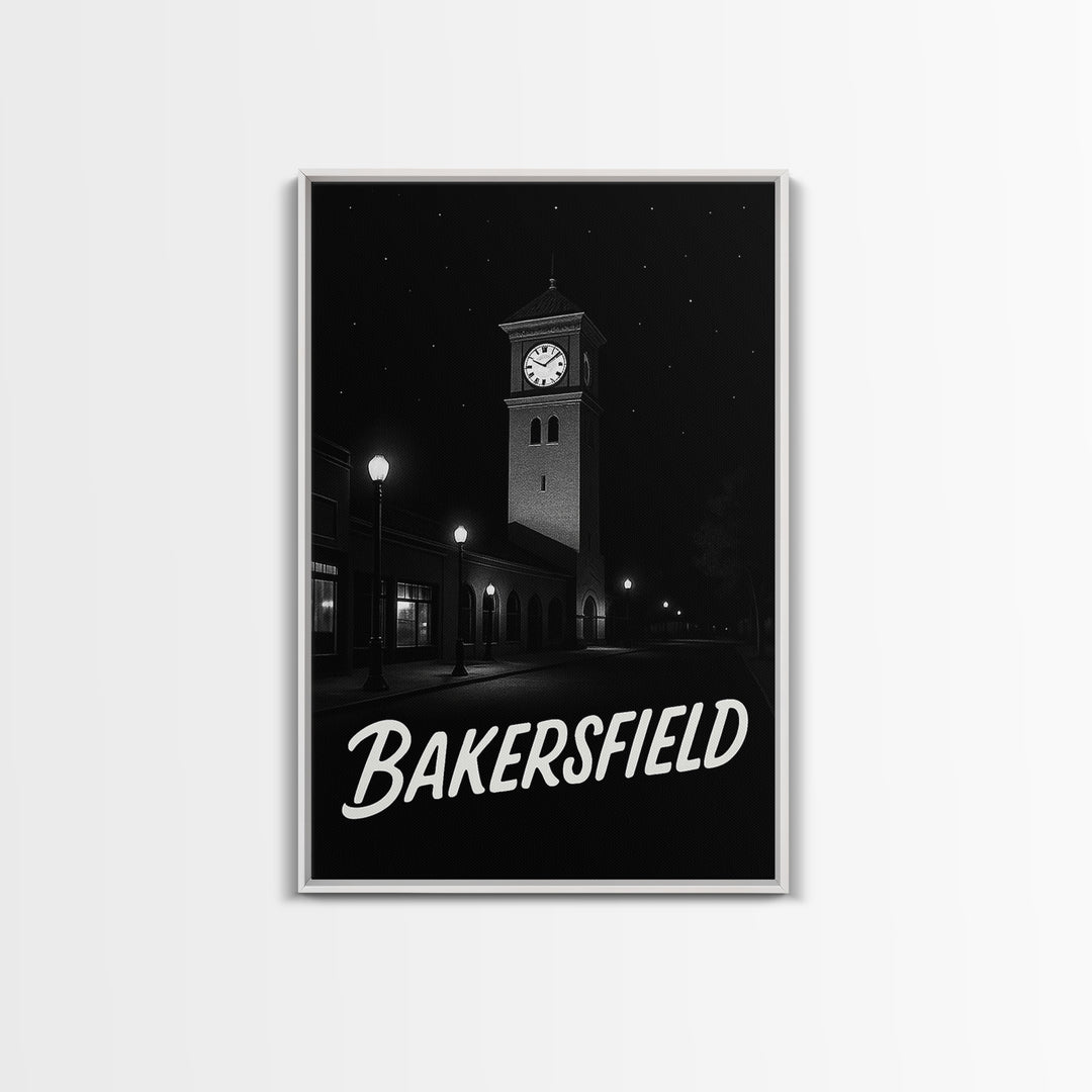 Bakersfield Travel Poster, Framed Canvas Print, Vintage Noir Poster Art, Bakersfield City Art, Vintage City Poster, Mid Century Wall Art