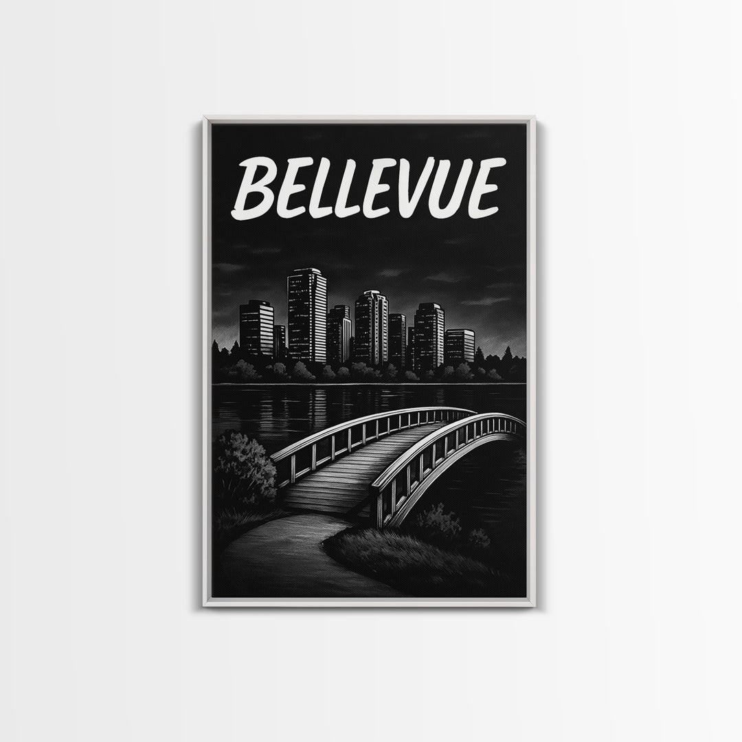 Bellevue Travel Poster, Framed Canvas Print, Black And White Travel Art, Bellevue Wall Art, Modern Wall Decor, Travel Art Print