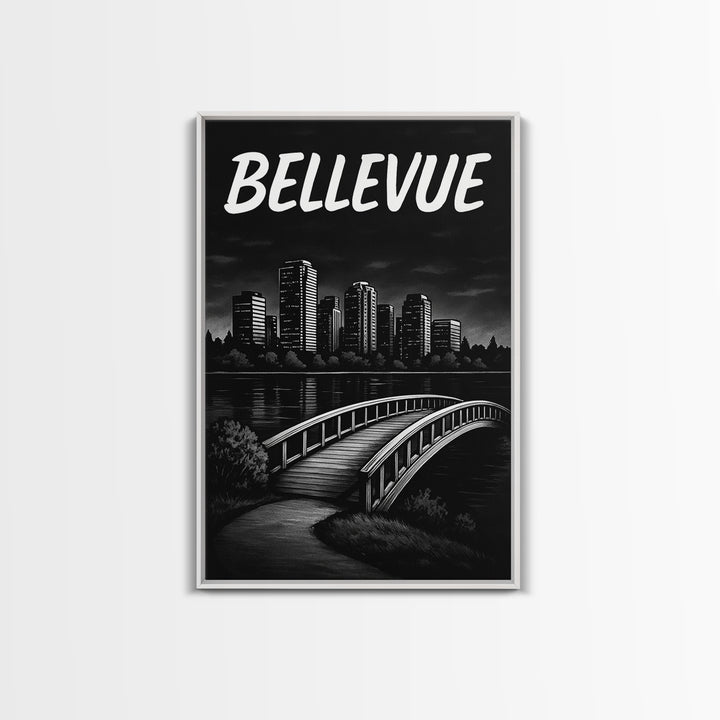 Bellevue Travel Poster, Framed Canvas Print, Black And White Travel Art, Bellevue Wall Art, Modern Wall Decor, Travel Art Print