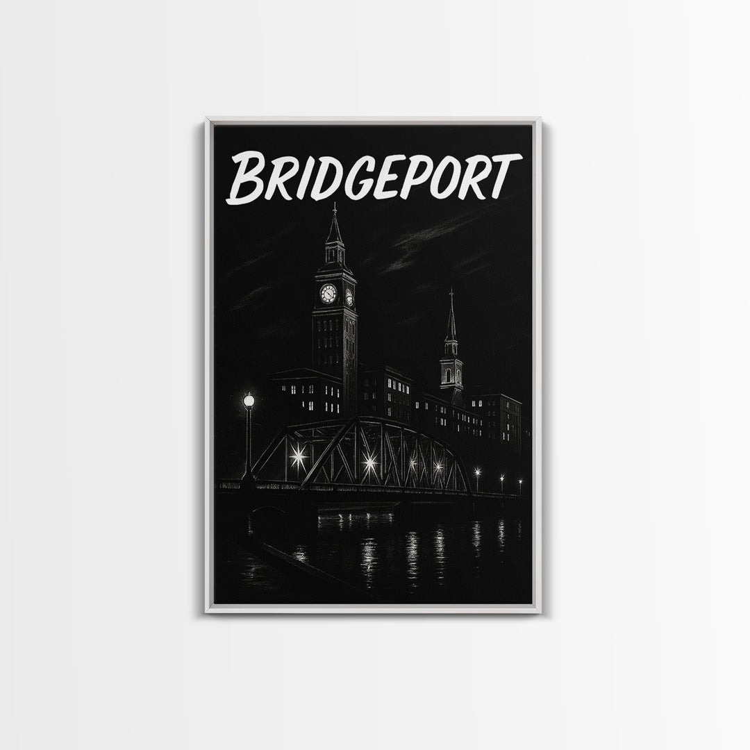 Bridgeport Travel Poster, Framed Canvas Print, Dark Moody City Wall Art, Bridgeport Poster Print, City Illustration, Vintage City Poster
