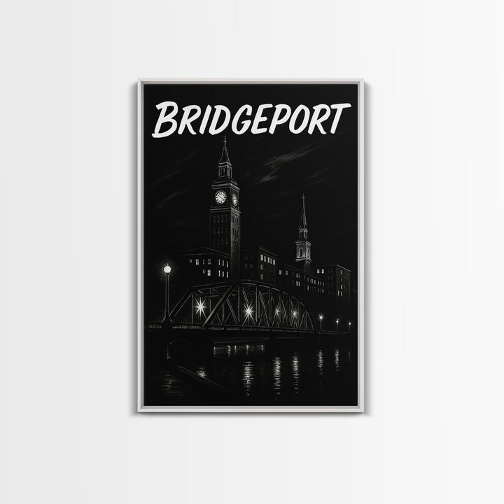 Bridgeport Travel Poster, Framed Canvas Print, Dark Moody City Wall Art, Bridgeport Poster Print, City Illustration, Vintage City Poster