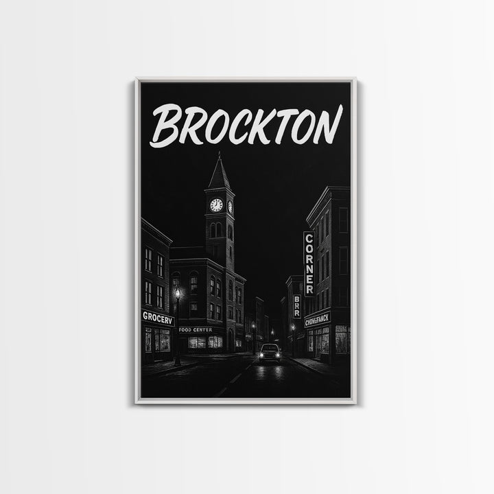 Brockton Travel Poster, Framed Canvas Print, Dark Moody City Wall Art, Brockton Wall Art, Travel Art Print, Fine Art Print, Landscape Art
