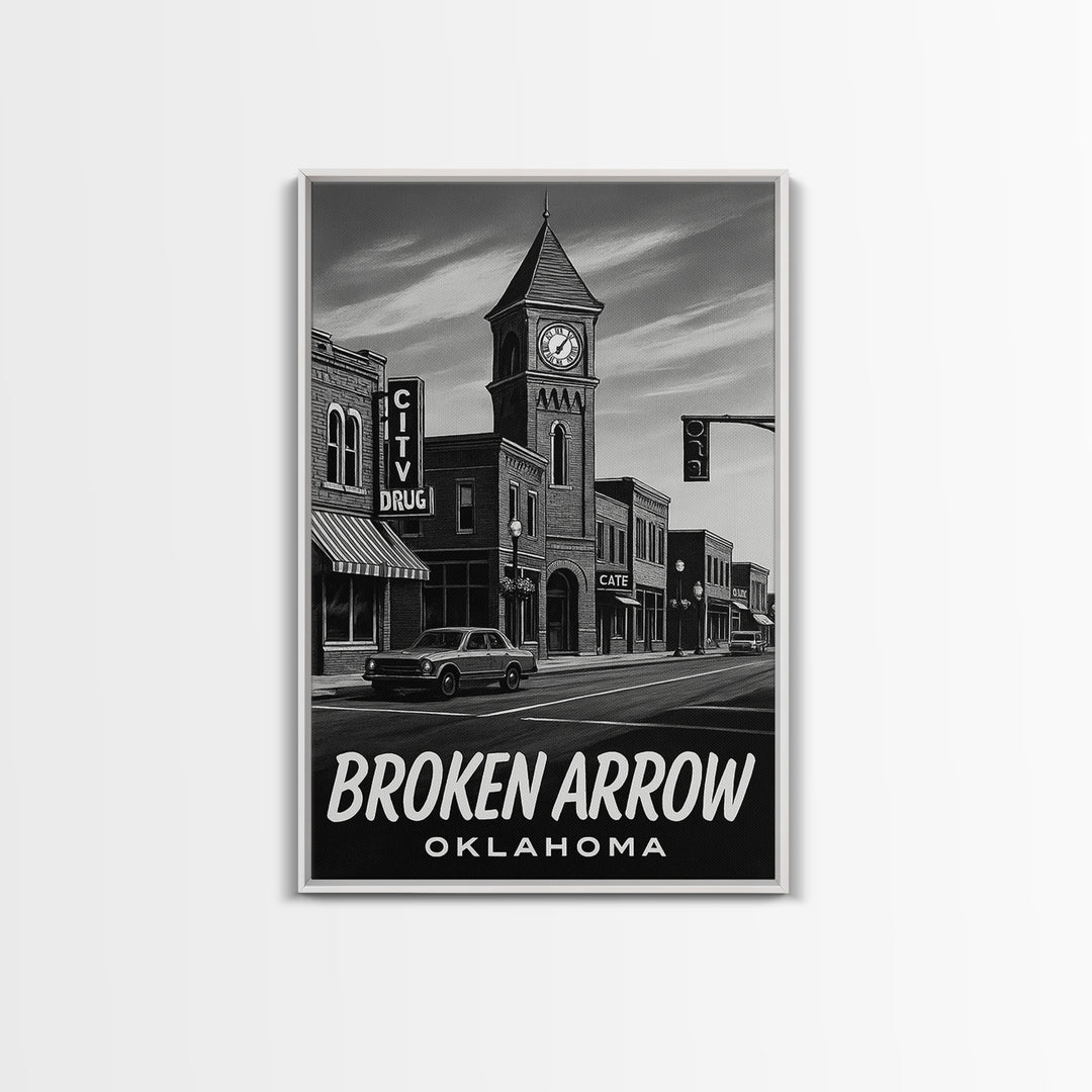 Broken Arrow Travel Poster, Framed Canvas Print, Dark Moody City Wall Art, Broken Arrow Art Print, Mid Century Wall Art, City Art Print