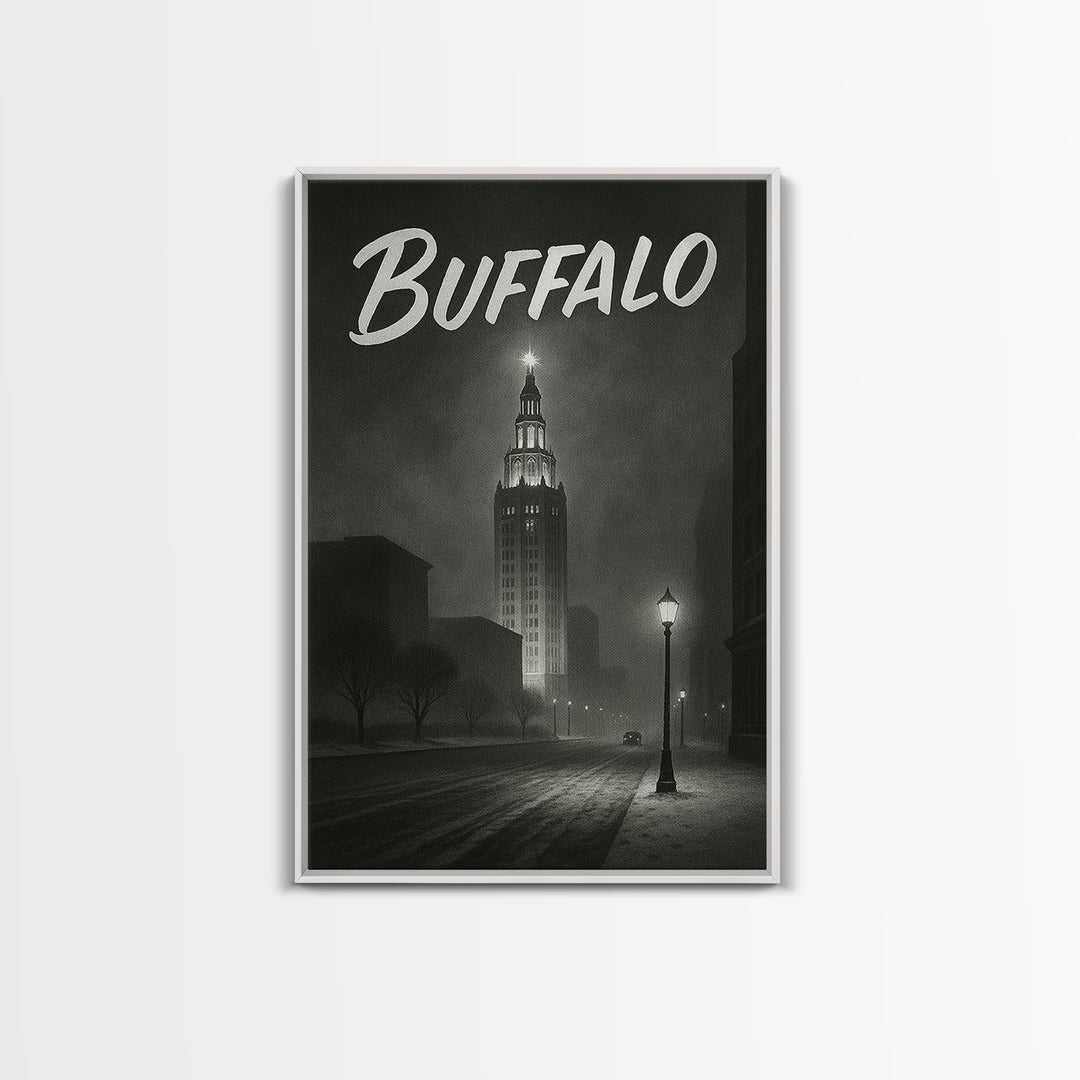 Buffalo Travel Poster, Framed Canvas Print, Dark Moody City Wall Art, Buffalo Poster Print, City Art Print, Vintage City Art, Art Print