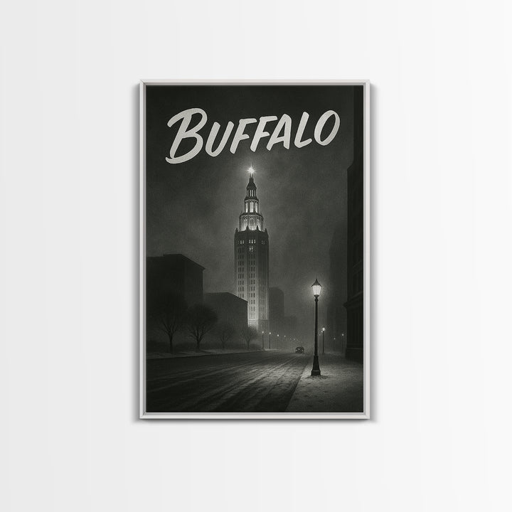 Buffalo Travel Poster, Framed Canvas Print, Dark Moody City Wall Art, Buffalo Poster Print, City Art Print, Vintage City Art, Art Print