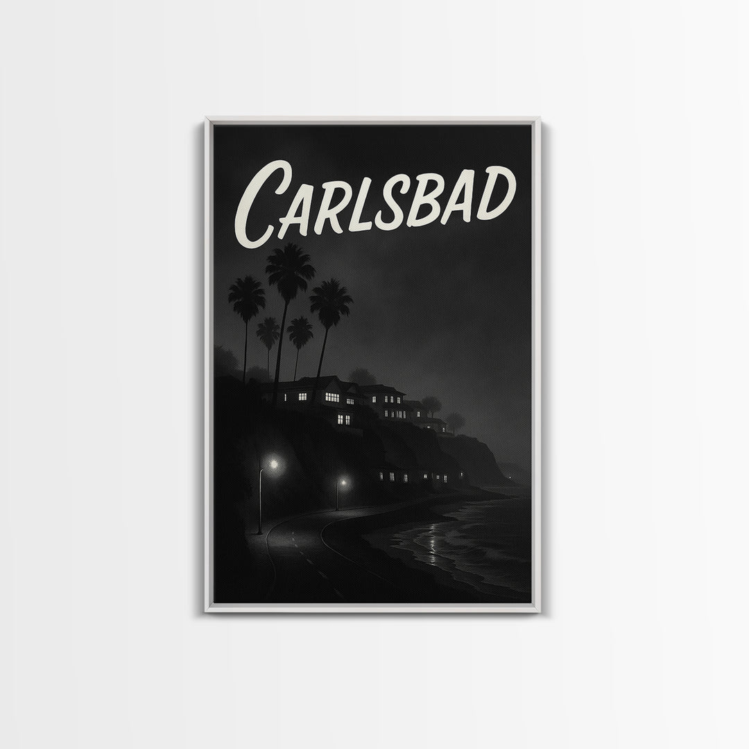 Carlsbad California Travel Poster, Framed Canvas Print, Night Street Poster Art, Carlsbad City Art, Travel Poster Set, Eclectic Wall Decor