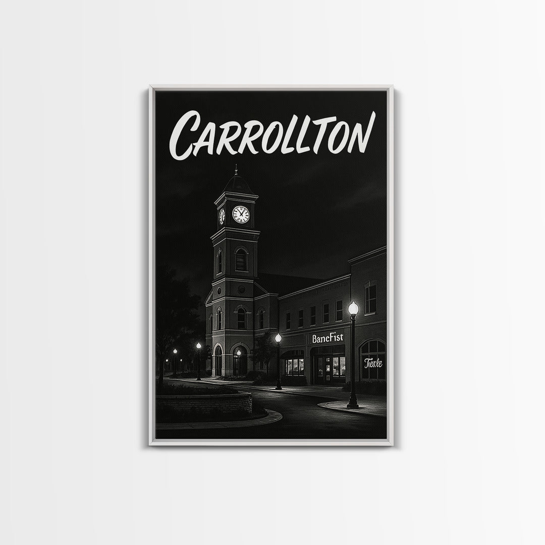 Carrollton Texas Travel Poster, Framed Canvas Print, Night Street Poster Art, Carrollton Art Print, Fine Art Print, Eclectic Wall Decor