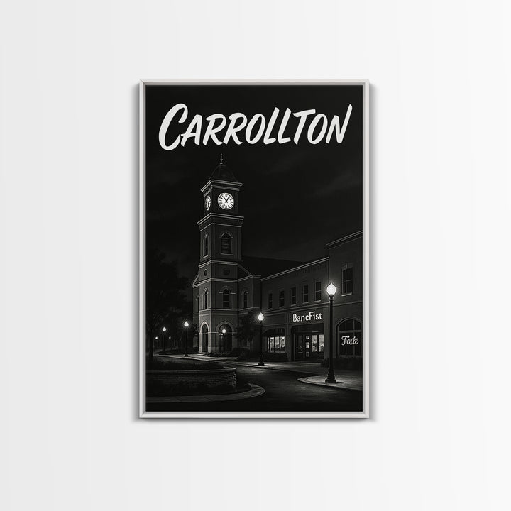 Carrollton Texas Travel Poster, Framed Canvas Print, Night Street Poster Art, Carrollton Art Print, Fine Art Print, Eclectic Wall Decor