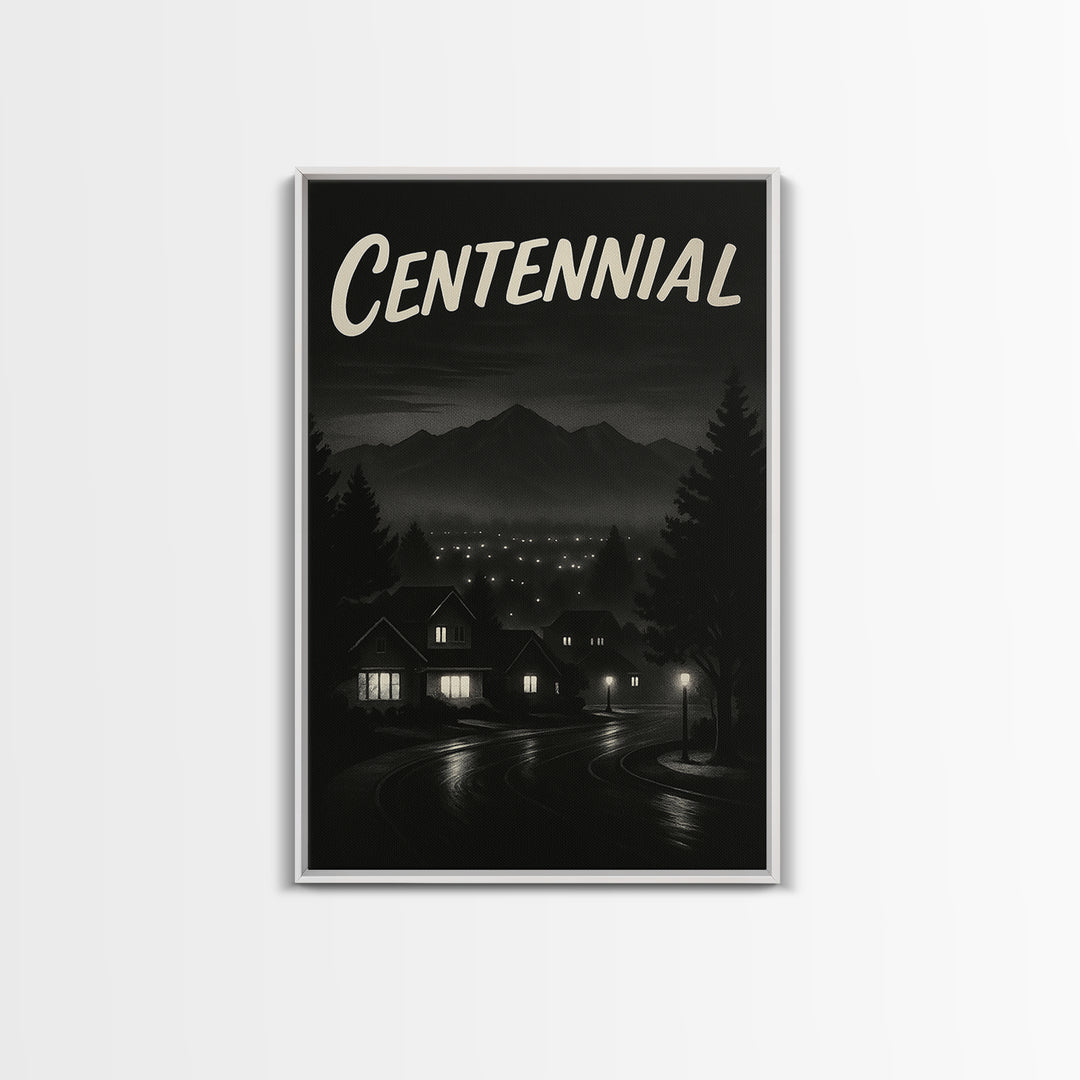 Centennial Travel Poster, Framed Canvas Print, Night Street Poster Art, Centennial Art Print, Travel Poster Art, Watercolor Downtown Skyline