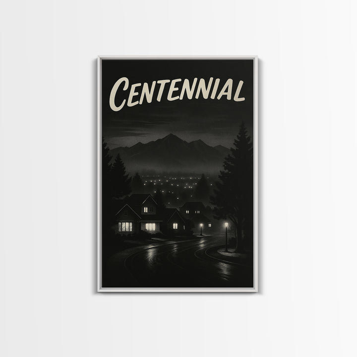 Centennial Travel Poster, Framed Canvas Print, Night Street Poster Art, Centennial Art Print, Travel Poster Art, Watercolor Downtown Skyline