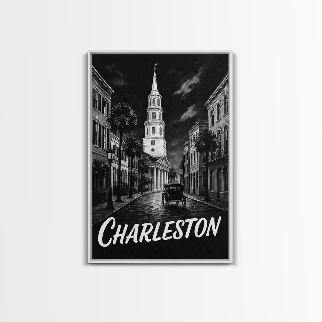 Charleston Travel Poster, Canvas Print, Black And White Travel Art, Charleston City Art, Travel Wall Decor, Watercolor Skyline Art