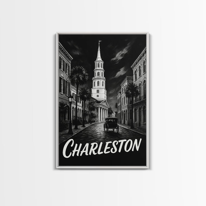 Charleston Travel Poster, Canvas Print, Black And White Travel Art, Charleston City Art, Travel Wall Decor, Watercolor Skyline Art