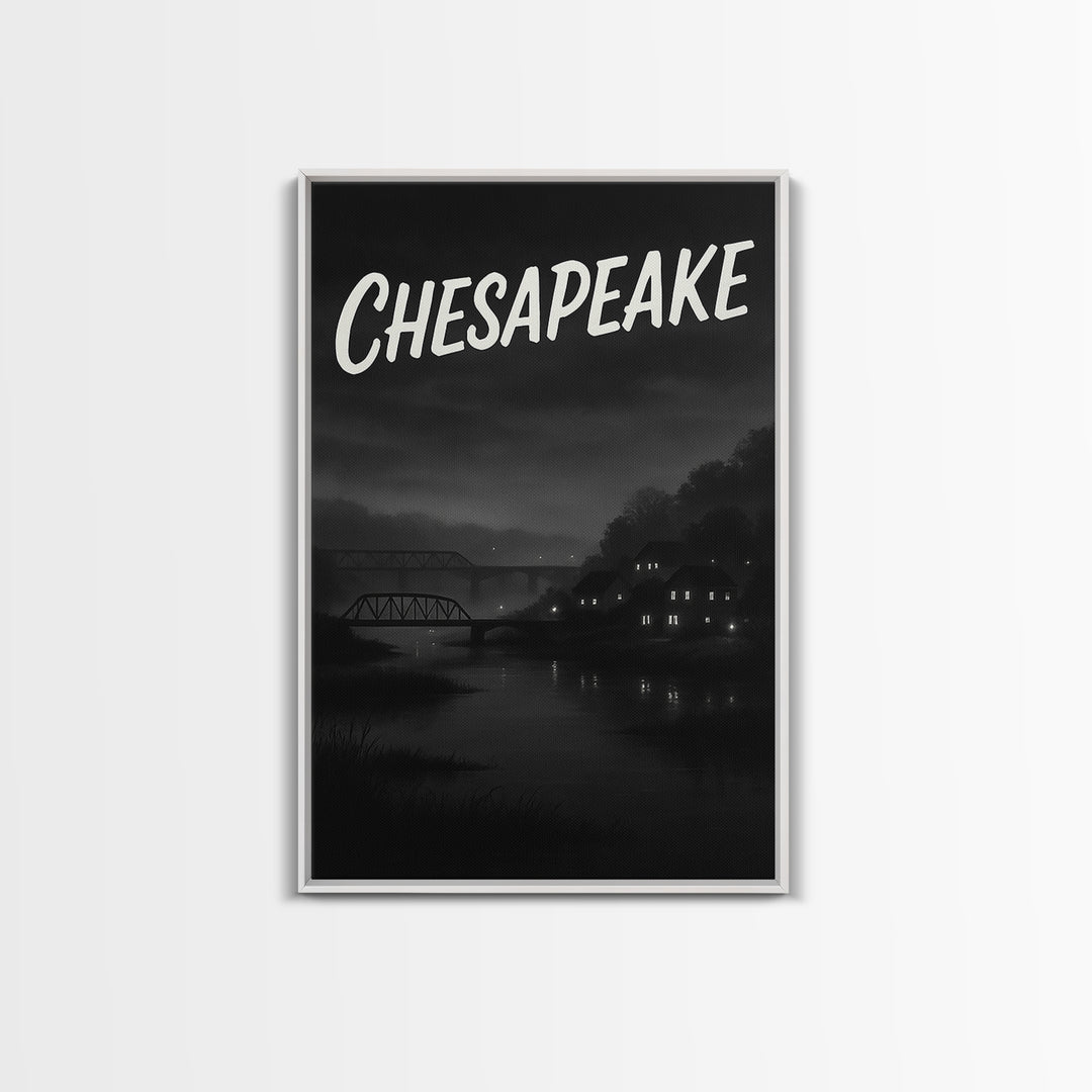 Chesapeake Travel Poster, Framed Canvas Print, Black And White Travel Art, Chesapeake Travel Art, City Illustration, Travel Poster Set