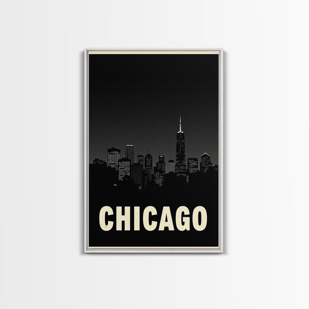 Chicago Illinois Travel Poster, Framed Canvas Print, Night Street Poster Art, Chicago Art Print, Vintage Travel Print, Travel Poster Art